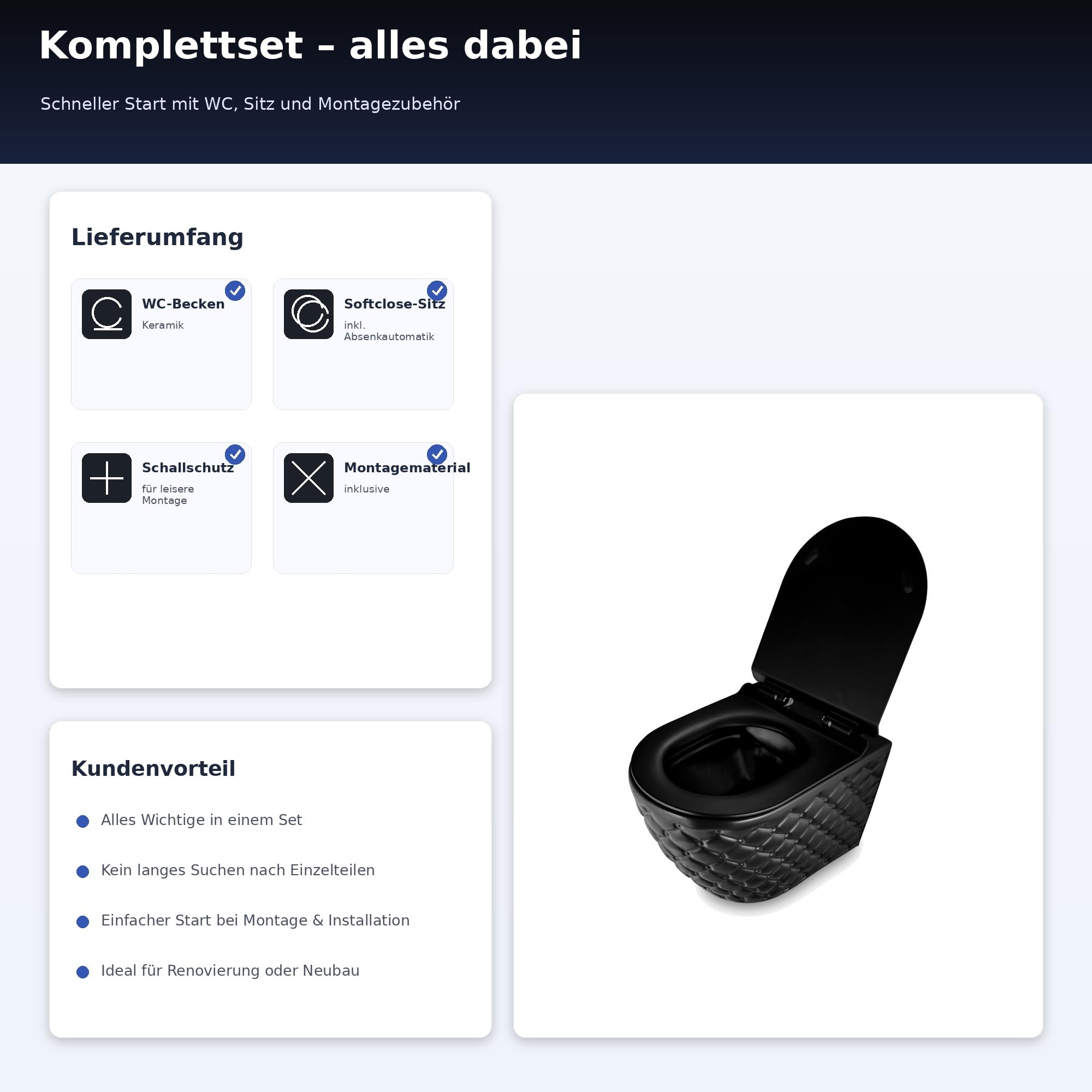 Hänge-WC Wand-WC Set Schwarz Matt - Design Tiefspüler aus Keramik mit Sitz | Spülrandlose Hänge-Toilette mit Absenkautomatik. Komplettset inkl. Schallschutz & reinigungsfreundlicher Nano-Beschichtung.