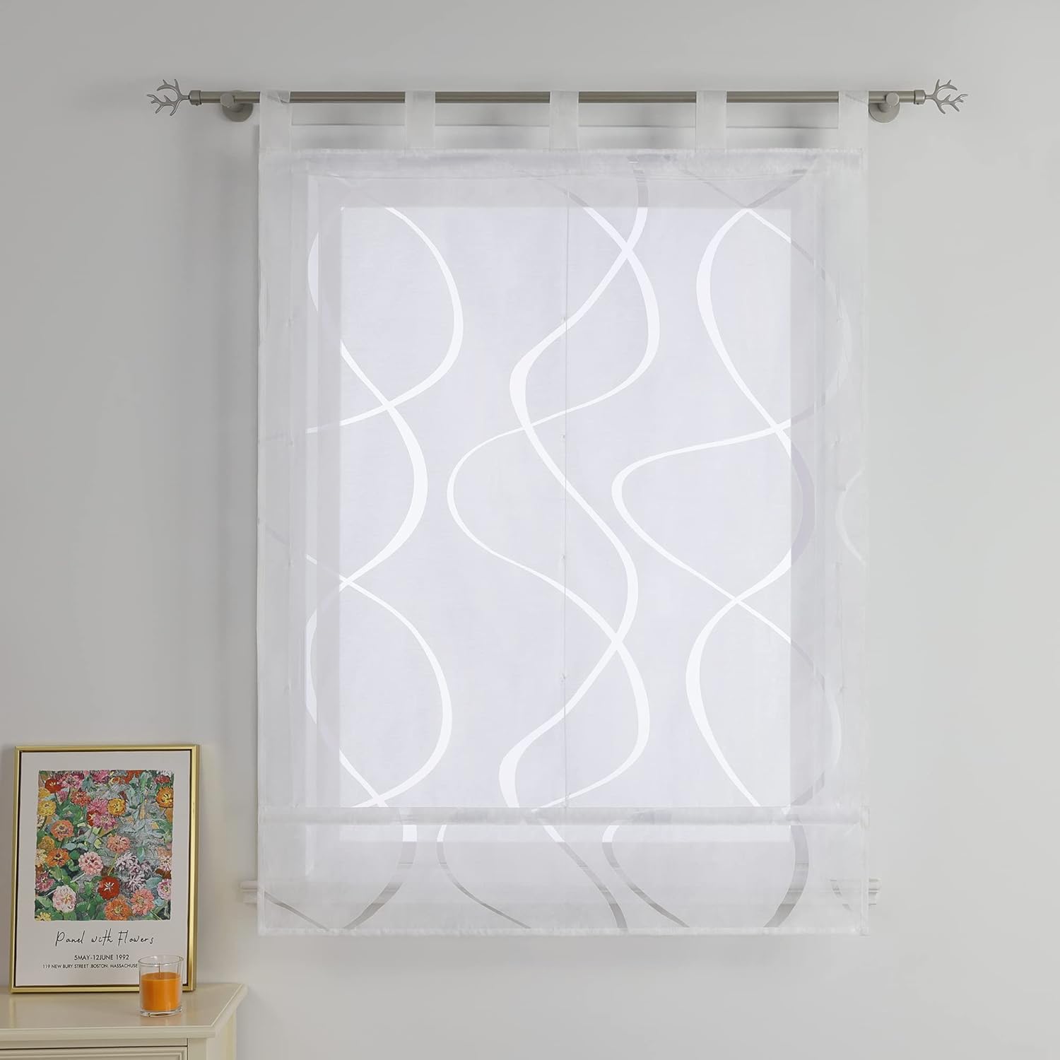 Voile Raffrollo mit Schlaufen Ausbrenner Rollo B80 x H140 cm,Weiß | 1 Stück,Mit Burnout-Wellenmuster,Küche Raffgardine,Transparent,Modern,Schlaufenrollo Landhausstil,Kurz Vorhang