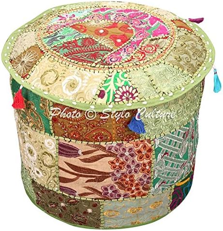 Decorative Pouffe Seat Cover Round Patchwork Embroidered Pouf Ottoman Green Cotton Floral Traditional Furniture Footstool Puff (22x22x14) Bean Bag Living Room Decor