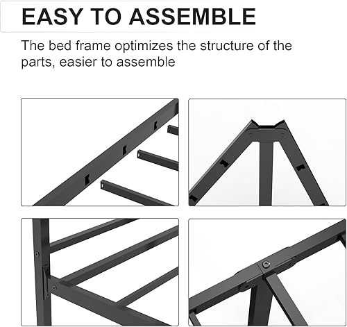 Miniatura 4 de REGOSS Base de cama de metal Queen con cabecero, marco de cama de metal resistente de 11 pulgadas con correa de almacenamiento y antideslizante,