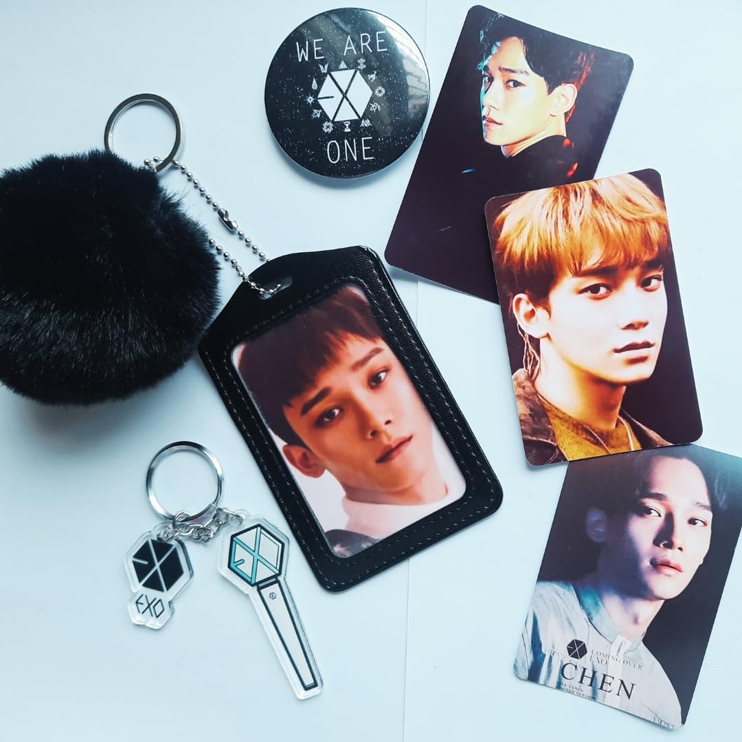 EXO Kpop Black Photocard Holder | PhotoCards with Black Pompom Keyring Combo (Chen)