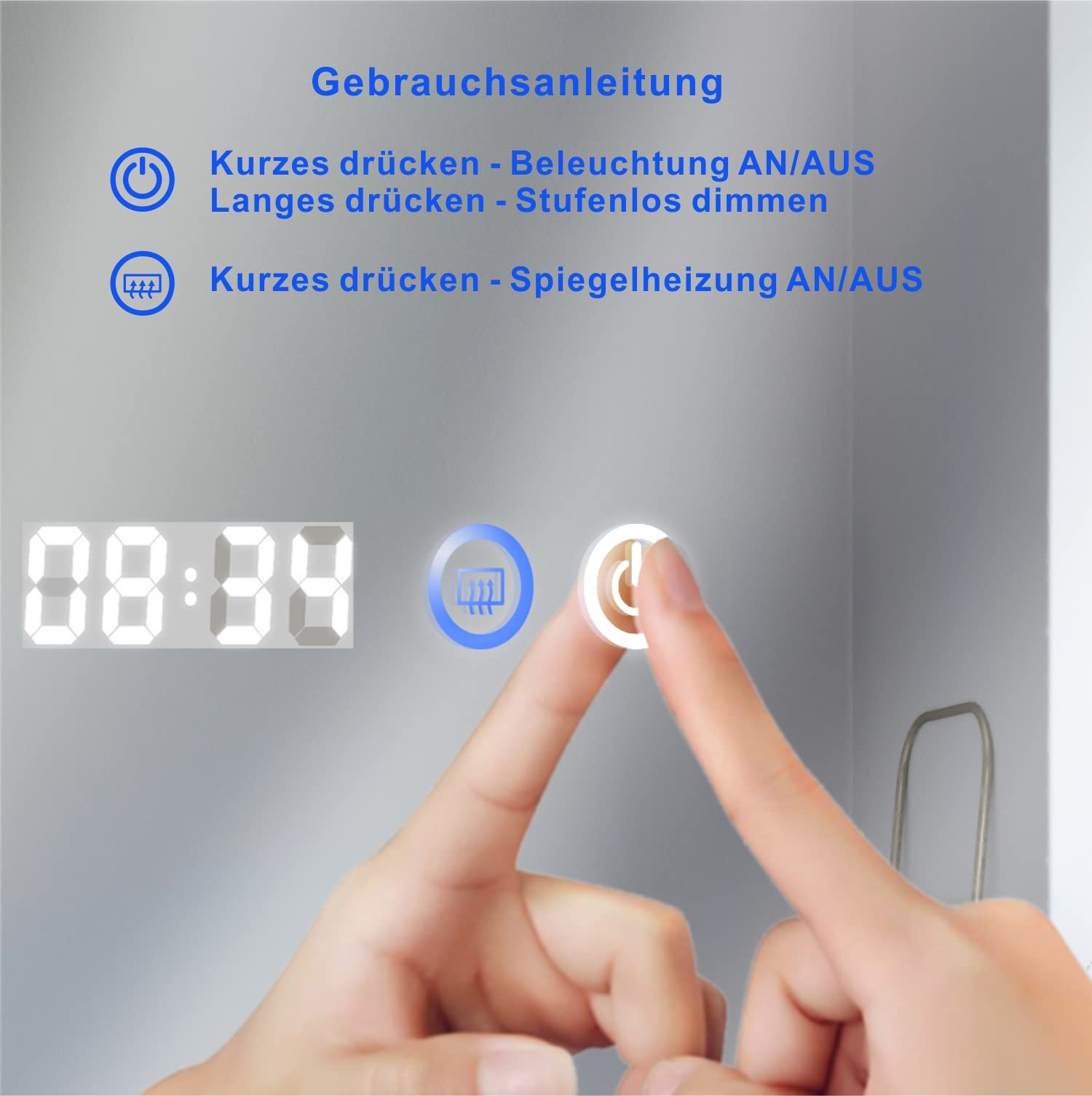 AQUABATOS Badspiegel mit LED Beleuchtung 100x70cm Badezimmerspiegel Uhrzeit Antibeschlag Dimmbar Touch Schalter Lichtspiegel Wandspiegel Kosmetikspiegel Kaltweiß für Wandschalter
