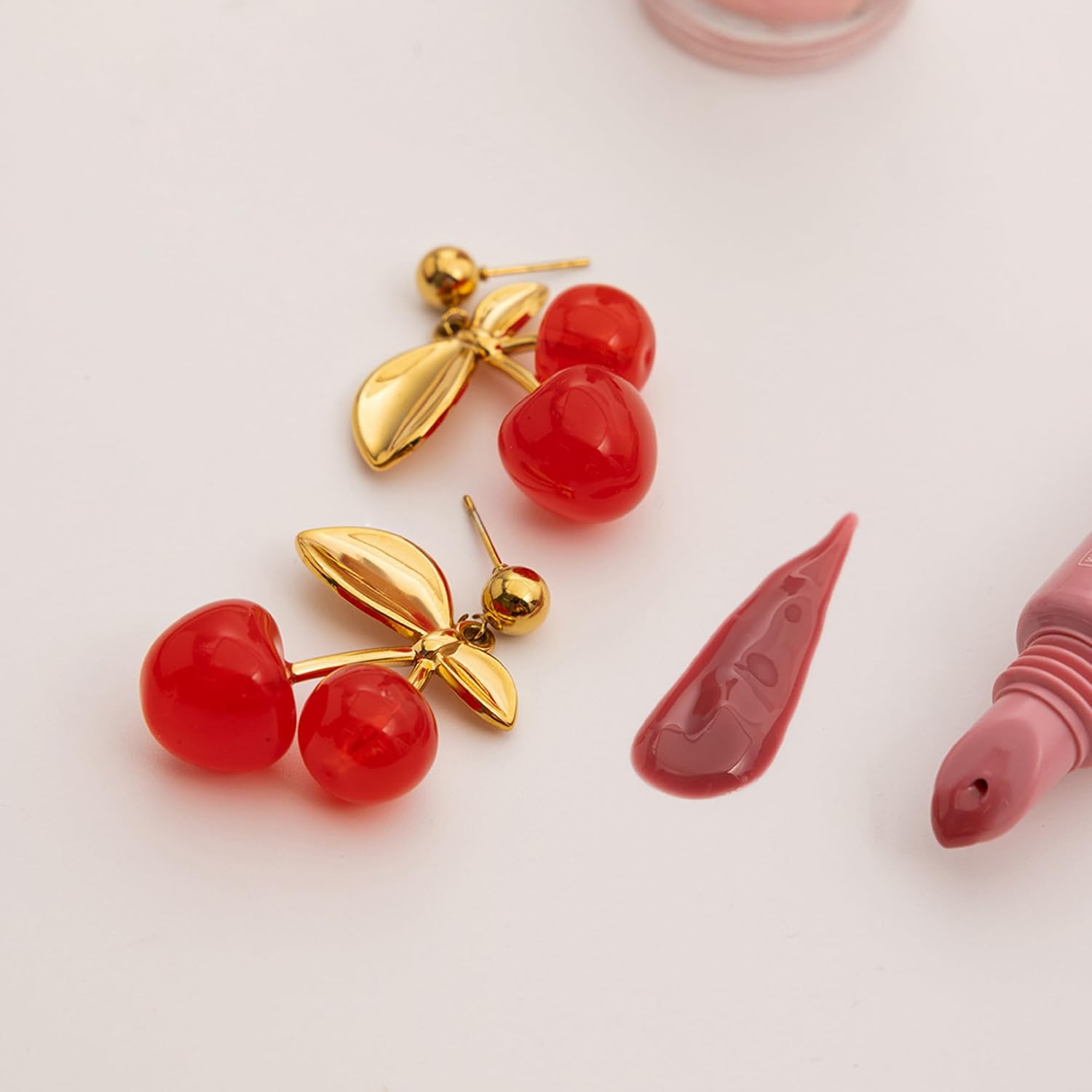 Gold Cherry Dangle Earrings for Women Cute Red Fruit Drop Earrings Cute Jewelry - Image 6