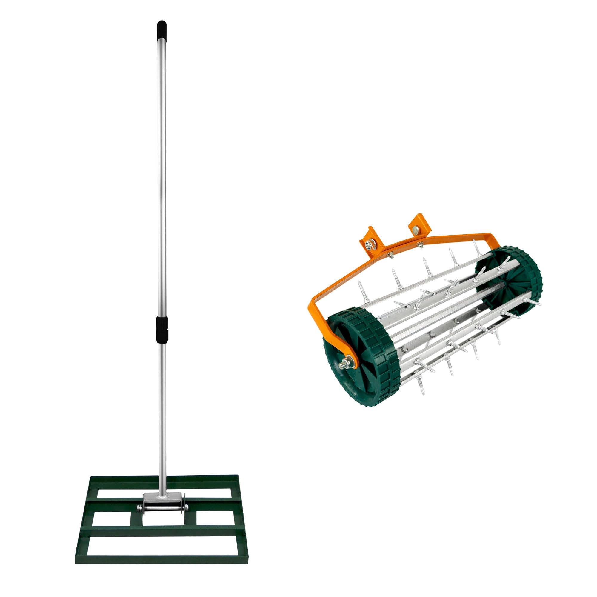 SET Nivelador de Césped 50x32cm + Aireador Manual Rodante de Césped 42cm ancho (Púas 3.8cm) | VERDE| Acero | Mango Extensible 1.15-1.9m | Aluminio | Jardinería Paisajismo Cultivo Exteriores