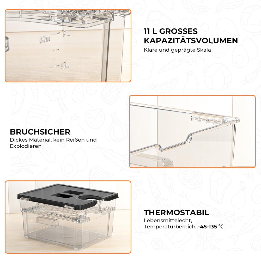 Sous Vide Behälter mit Deckel Sous Vide Container mit Rack 11L für Sous Vide Stick Garer Mehrere Marken Geeignet Multifunktionaler Doppeltür Durchsichtig