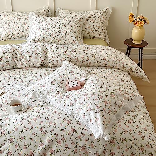 Image of VM VOUGEMARKET Girls Lace Bedding Pink Flower Duvet Cover Set Queen