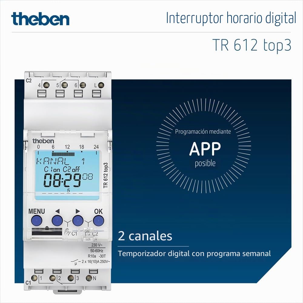 Theben 6120130 - TR612 Top 3 - Inerruptor horario Digital - 2 Canal - Carril DIN - 2 módulos - Programación Mediante aplicación (App)