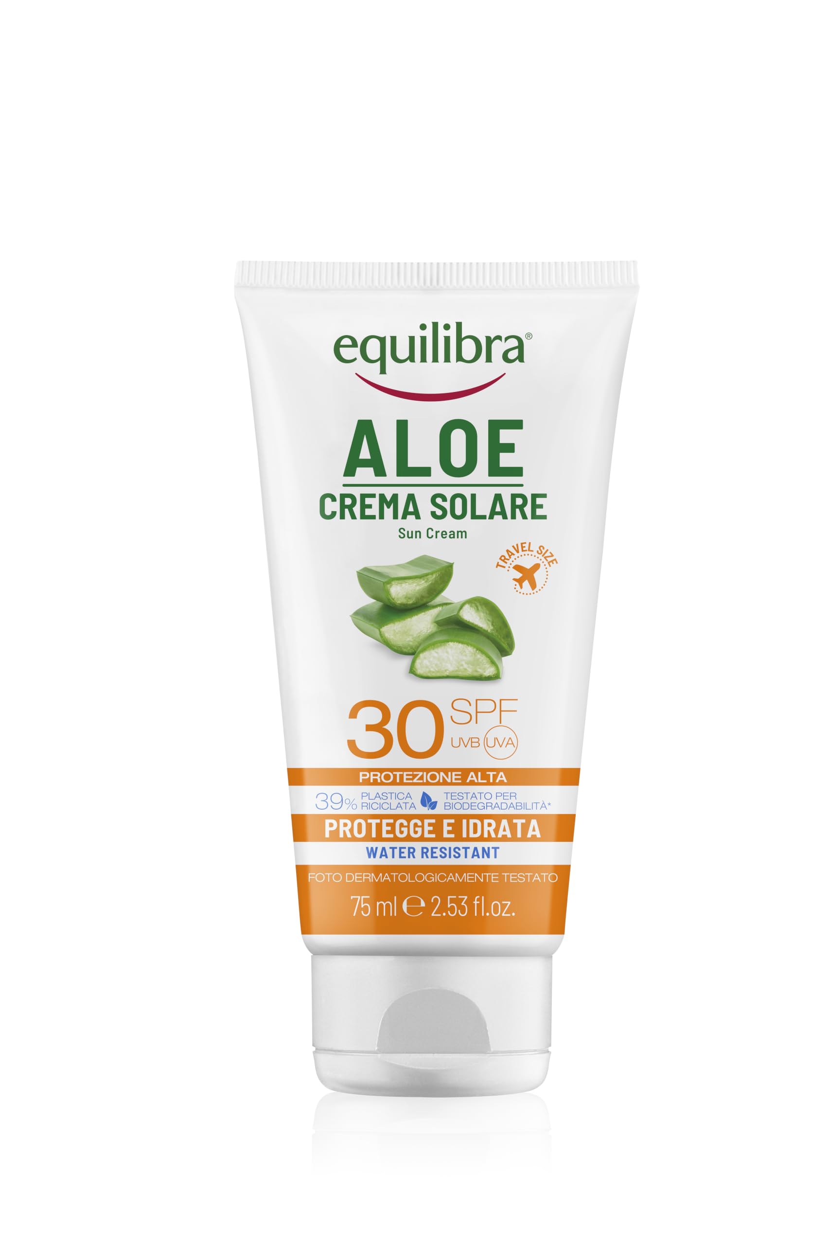 Equilibra Solari, Aloe Sonnencreme SPF 30 Travel Size, Basis von Aloe Vera, Vitamin C und E, Arganöl, Kokosöl und Karité-Butter, für gesunde und natürliche Bräunung, Water Resistant, 75 ml