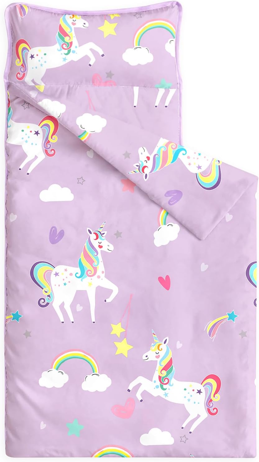 Wake In Cloud - Toddler Nap Mat with Pillow and Blanket, for Kids Girls Ages 3 Plus in Kindergarten Daycare Preschool, Roll Up Sleeping Bag, Unicorns Rainbow Stars