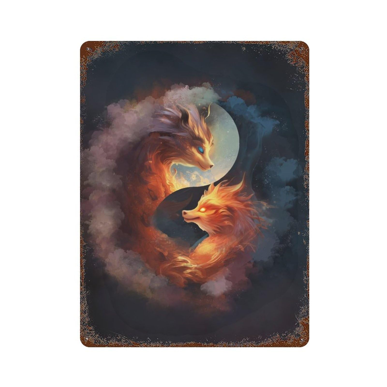 Fox Yin Yang 15.7"x11.8" Vintage Rust Metal Sign, Decorative Metal Wall Art for Living Room, Hallway And Home Decor