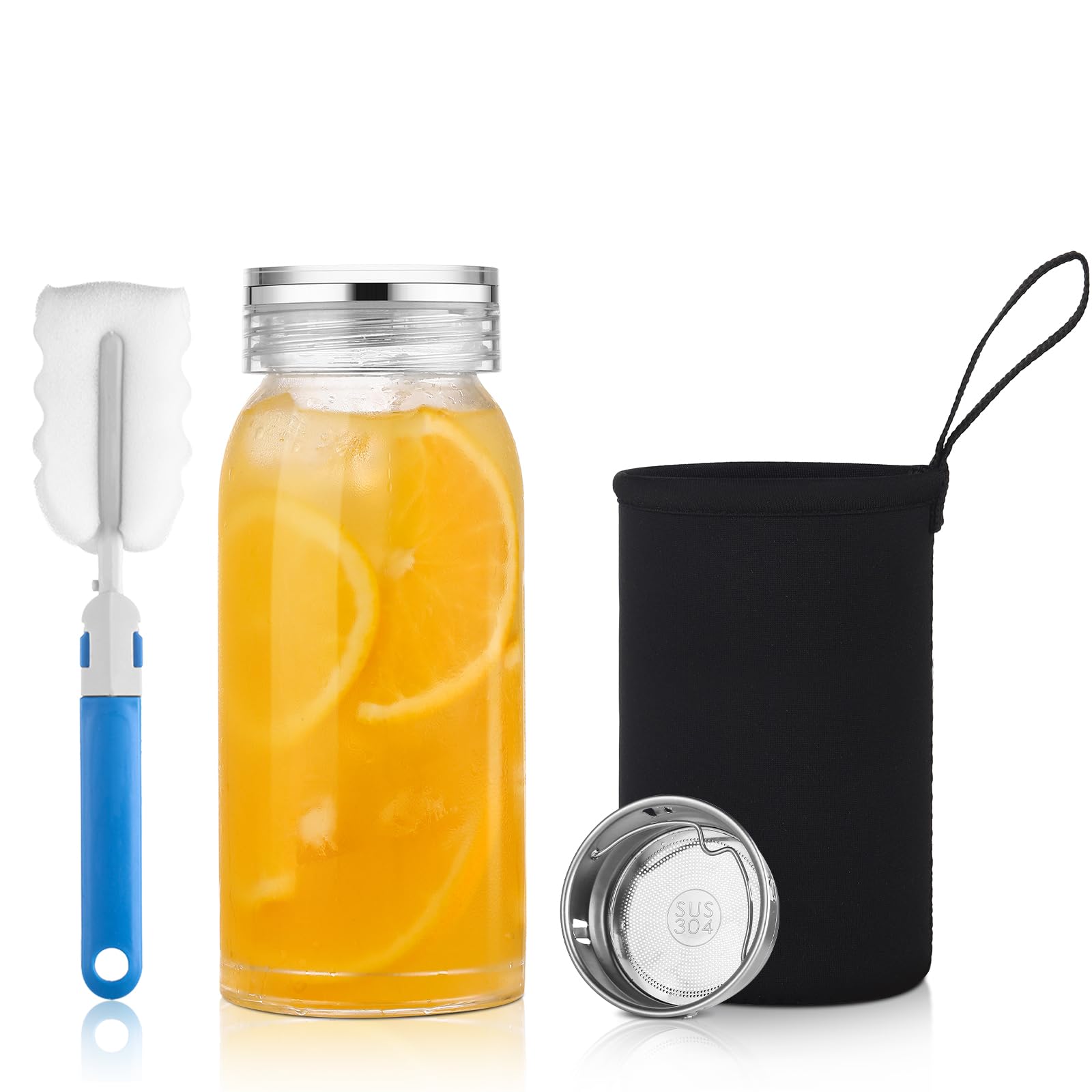 ZDZDZClear Glass Water Bottle with Crystal Lid, Airtight Glass Infuser Water Bottle with Neoprene Sleeve, Wide Mouth Glass Drinking Bottle with Filter (600ml/20oz)