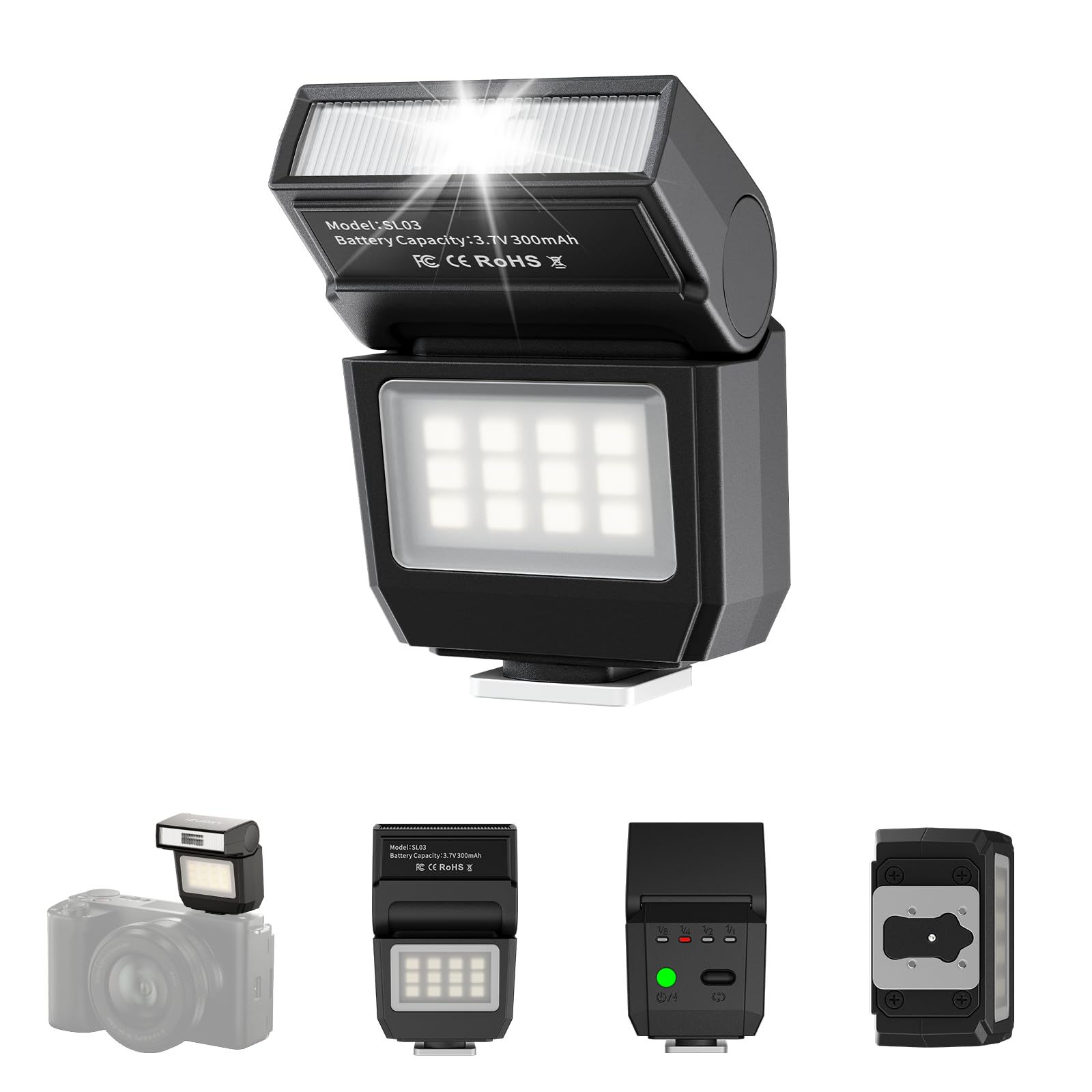 ULANZI SL03 Camera Mini Flash Speedlite with Video Light, GN8 6500K External Flash 90° Angle Adjustable Speedlite Compatible with Sony/Canon/Fuji/Nikon DSLR, Universal Single Contact Hot Shoe Mount