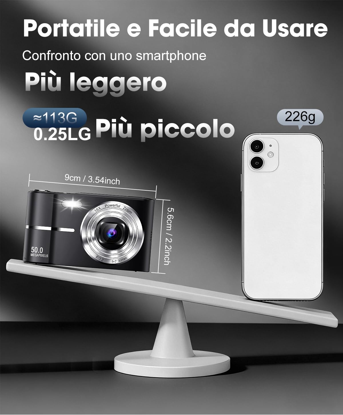 Macchina Fotografica Bambini 50MP 1080P, Autofocus, Schermo 2,4", Zoom Digitale 16X, Anti-Shake, Nero Vlogging Compatta Digital Camera per Ragazzi, Bambini, Studenti e Principianti con Scheda 16GB