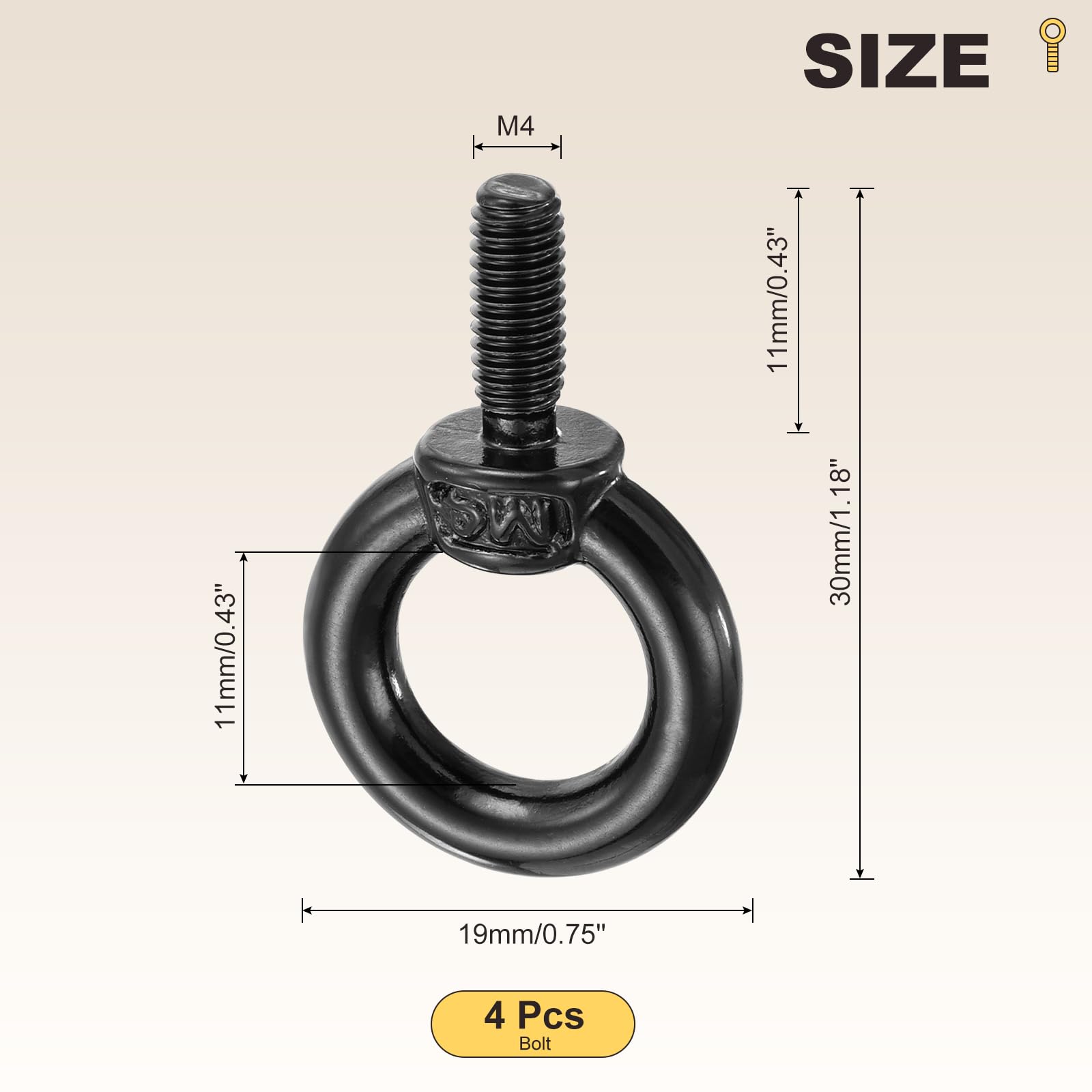 METALLIXITY Shoulder Eye Bolt (M4x11mm) 4Pcs, 304 Stainless Steel Machinery Lifting Ring Threaded Eye Bolt - for Load Hoisting Black - Image 2
