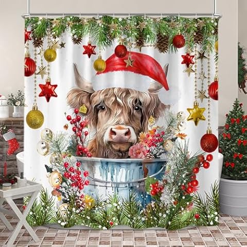 Sanzugh Christmas Highland Cow Shower Curtain, Cute Xmas Farmhouse Animal Fabric Shower Curtains Set for Bathroom Winter Holiday Decorative with Hooks 60 X 72 inch Bath Decor Cover