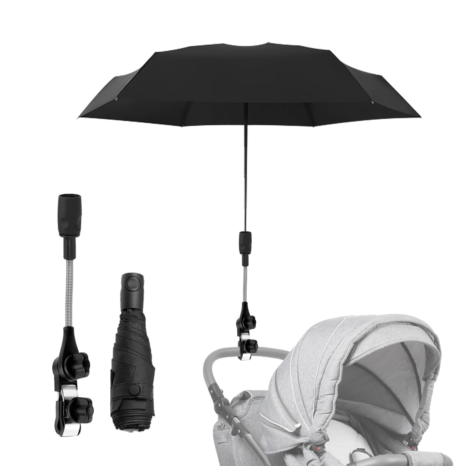 Lvjkes Sombrilla carro bebe, Dirección Libre, Abrazadera Universal Ajustable y Extraíble, Protección UV UPF 50+, Resistente a la Lluvia, protección Solar, diámetro 90 cm, con Paragüero, Asa (Negro)
