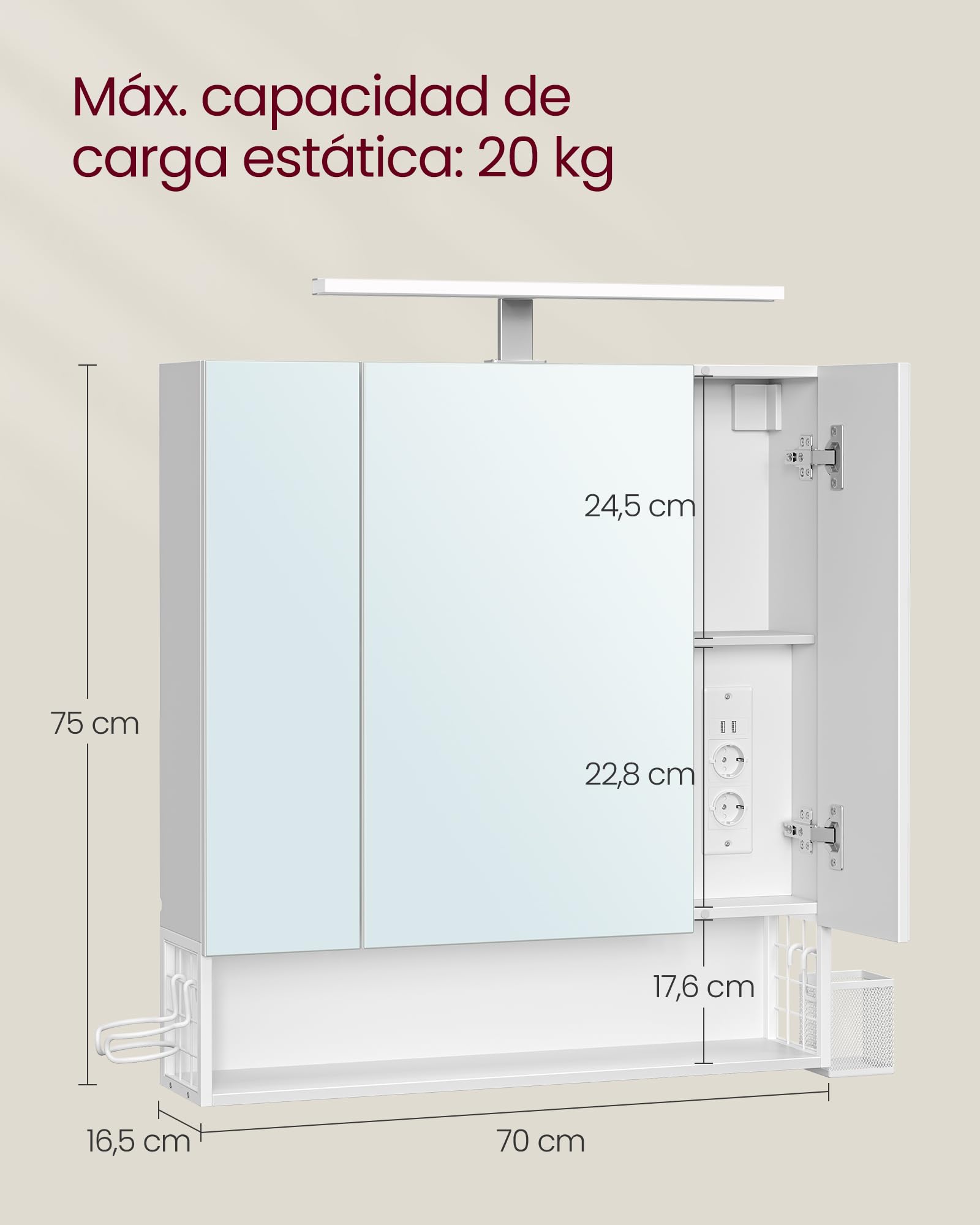 VASAGLE Mueble de Baño con Iluminación LED, 16,5 x 70 x 75 cm, Múltiple Toma de Corriente, Cesta Colgante, Soporte para Secador de Pelo, para Lavabo, Blanco Nube BBK126W01