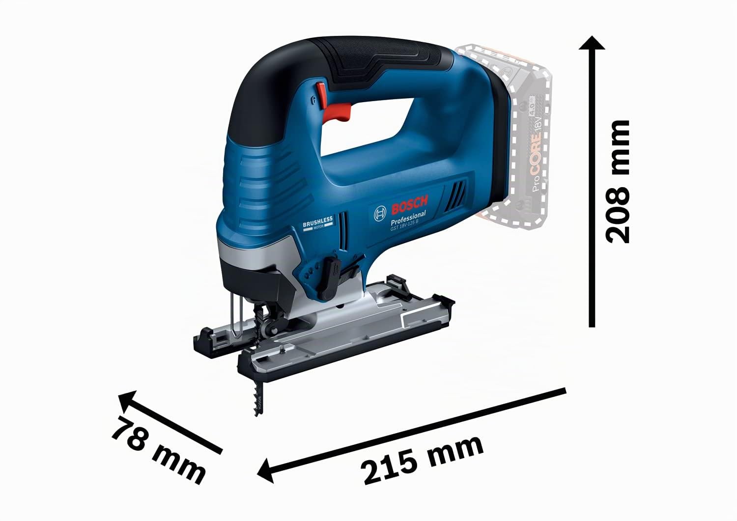 Bosch Professional 18V System Seghetto alternativo a batteria GST 18V-125 B (con impugnatura a staffa, tagli inclinati con angoli di 45°, 1 lama per seghetto alternativo, kit di aspirazione)