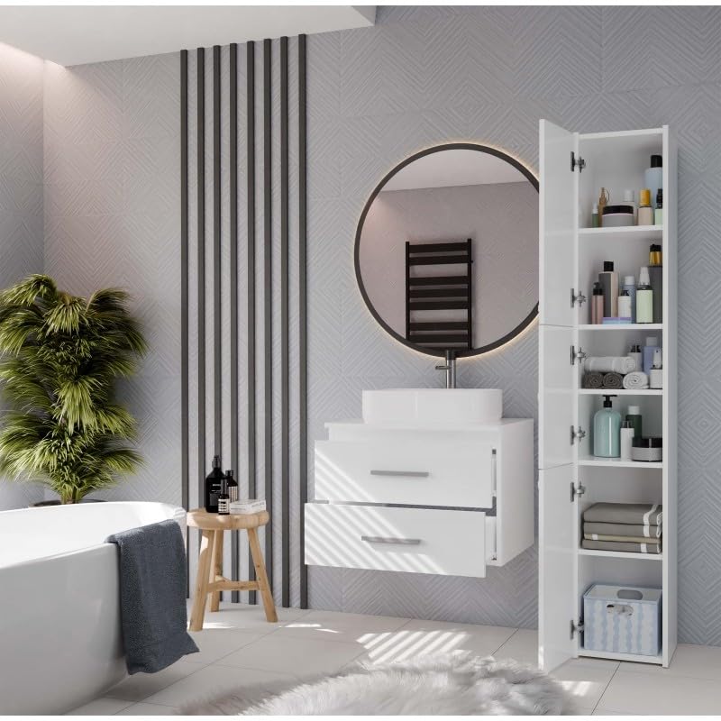 CDF Armario colgante debajo de la encimera, mueble de baño suspendido con 2 cajones para cosméticos accesorios de baño, frentes lisos con asas, moderno, blanco, 60 cm