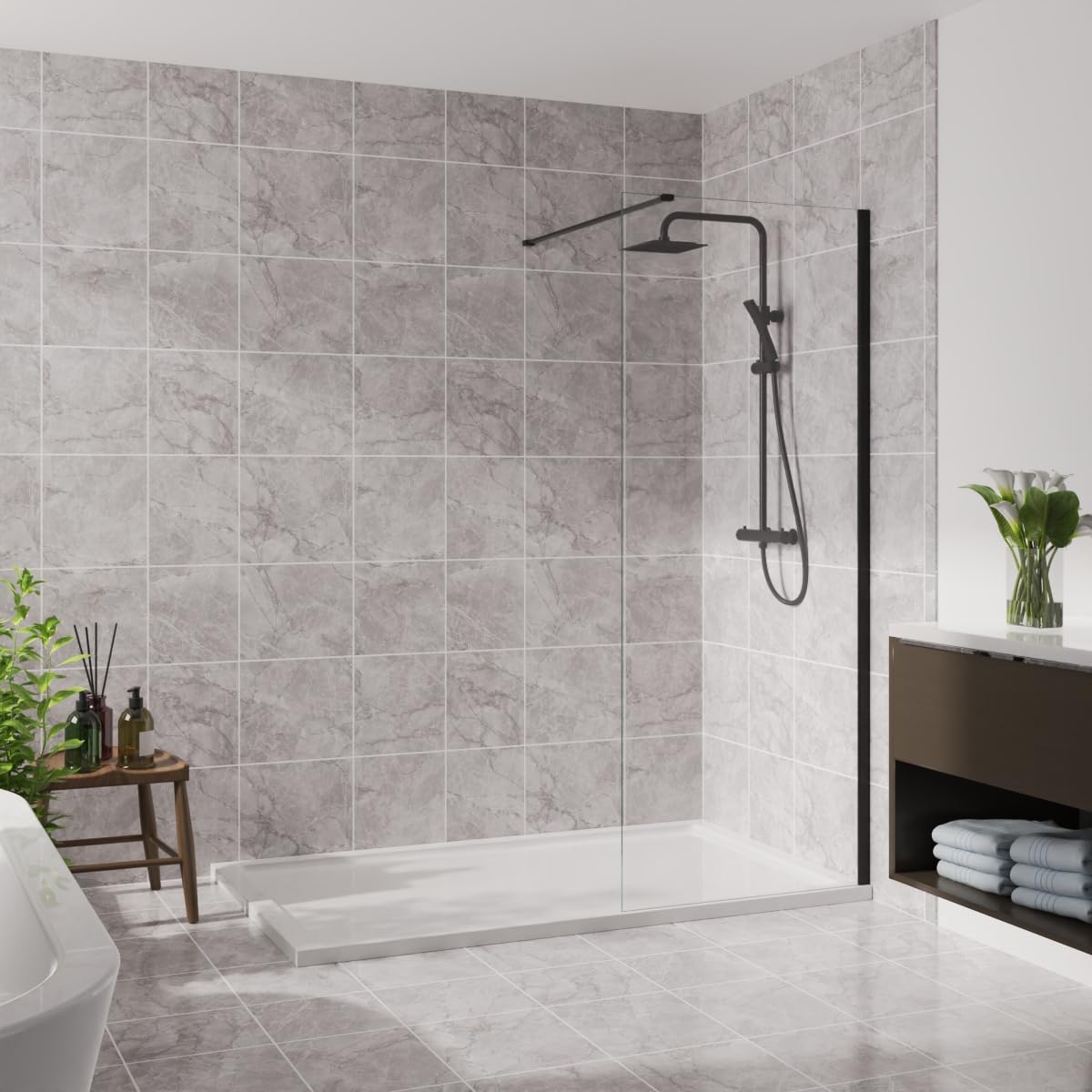 Blümme Black 800Mm Wetroom Screen Walk In Shower Enclosure Bathroom Screen Panel 8Mm Easy Clean Glass Matte Framed