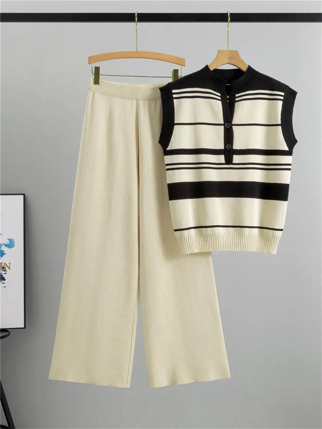 Ensemble de t-shirts en tricot rayé sans manches pour femme - Pull d'été en soie glacée - Débardeurs baggy - Taille haute - Pantalon large - Survêtement