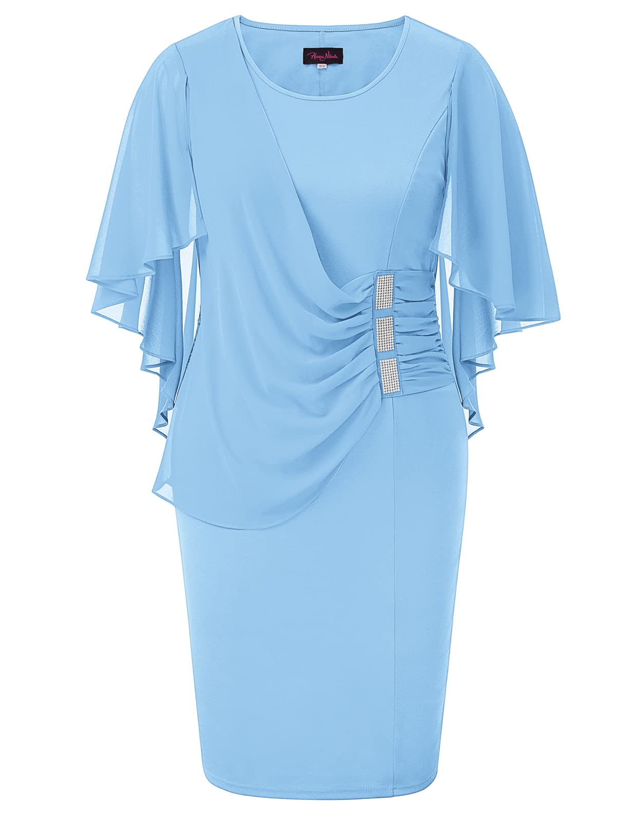 Hanna Nikole Women's Plus Size Chiffon Ruffle Flattering Cape Sleeve Bodycon Pencil Dress
