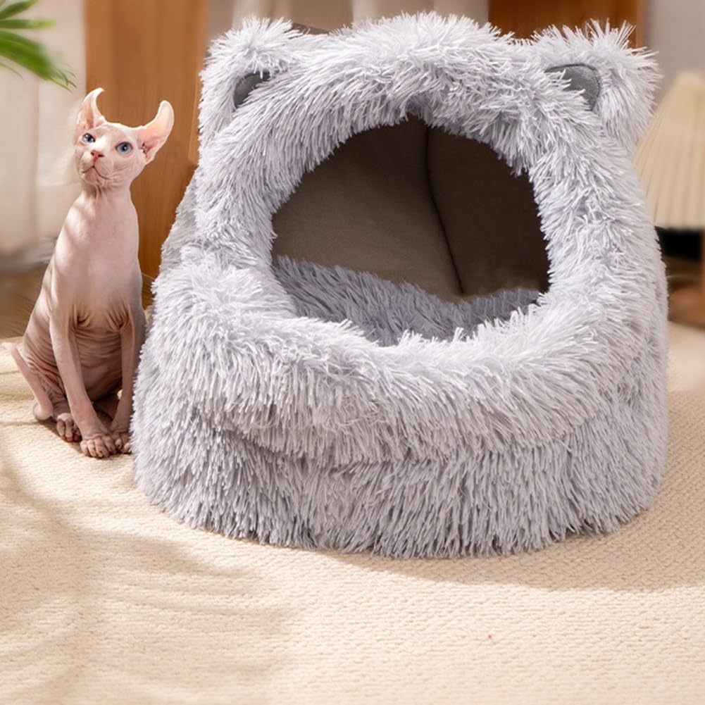 Cucciola per Gatti in Peluche, Cuccia per Gatti, Cuccia Semi-Chiusa per Cani, Cuccia per Animali Domestici Rimovibile e Lavabile L
