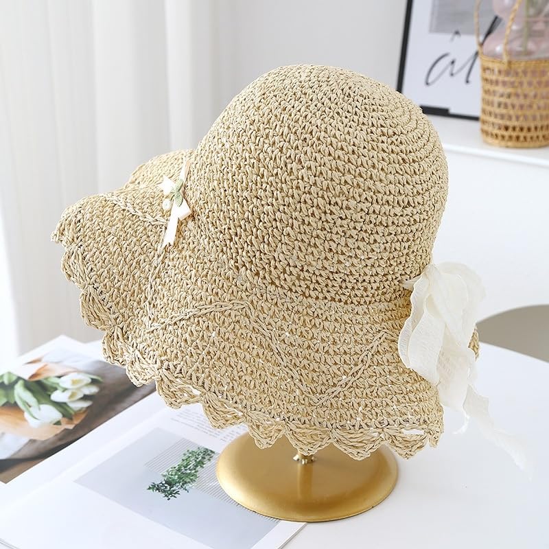 Gorra de Sol para Mujer,Gorra de Paja de Verano con Lazo A Cuadros,Ajustable,Plegable,de ala Ancha,Sombrero de Playa de Paja Flexible para Caminar,Pescar y Viajar