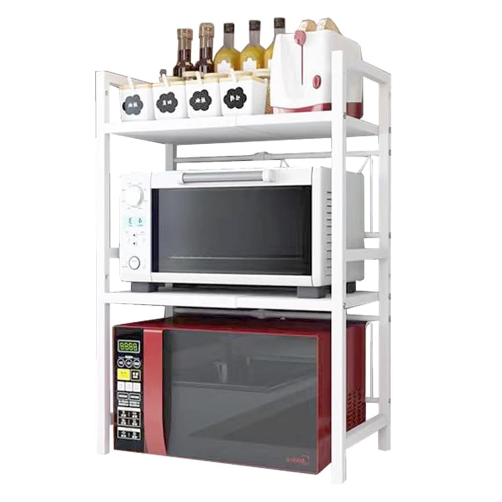 Scaffale per microonde regolabile in 2 livelli, 42-64 cm, portata 75 kg, in acciaio inox, regolabile in altezza, con ganci (bianco)