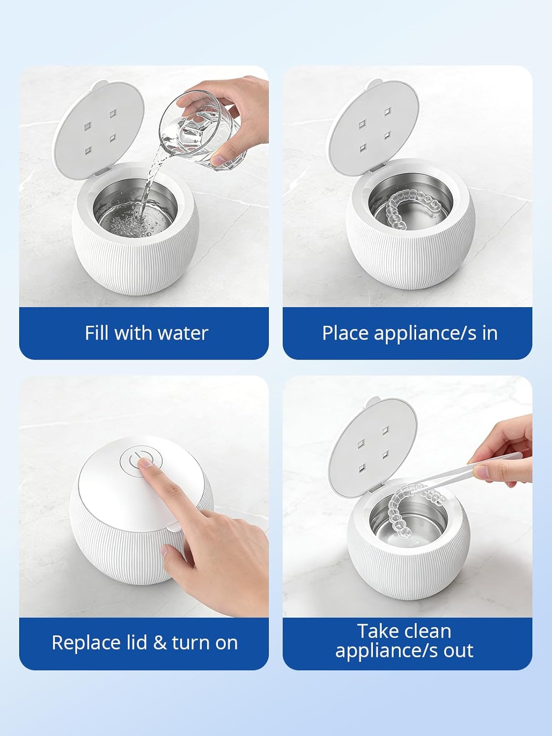 Voraiya Gentle Deep Dental Cleaning Pod Ultrasonic Retainer Cleaner With UVC，Mouth Guard Retainer Cleaner Machine for Dentures, Aligner, Braces, Home & Personal Use One Button Elder-Friendly