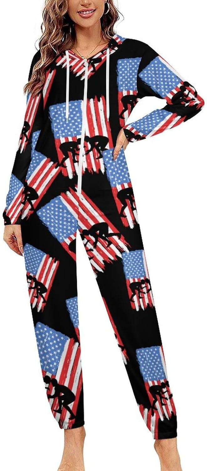 U.S.A. Wrestling Flag Adult Pajamas Onesie with Hood Pocket Jumpsuits One Piece Sleepwear