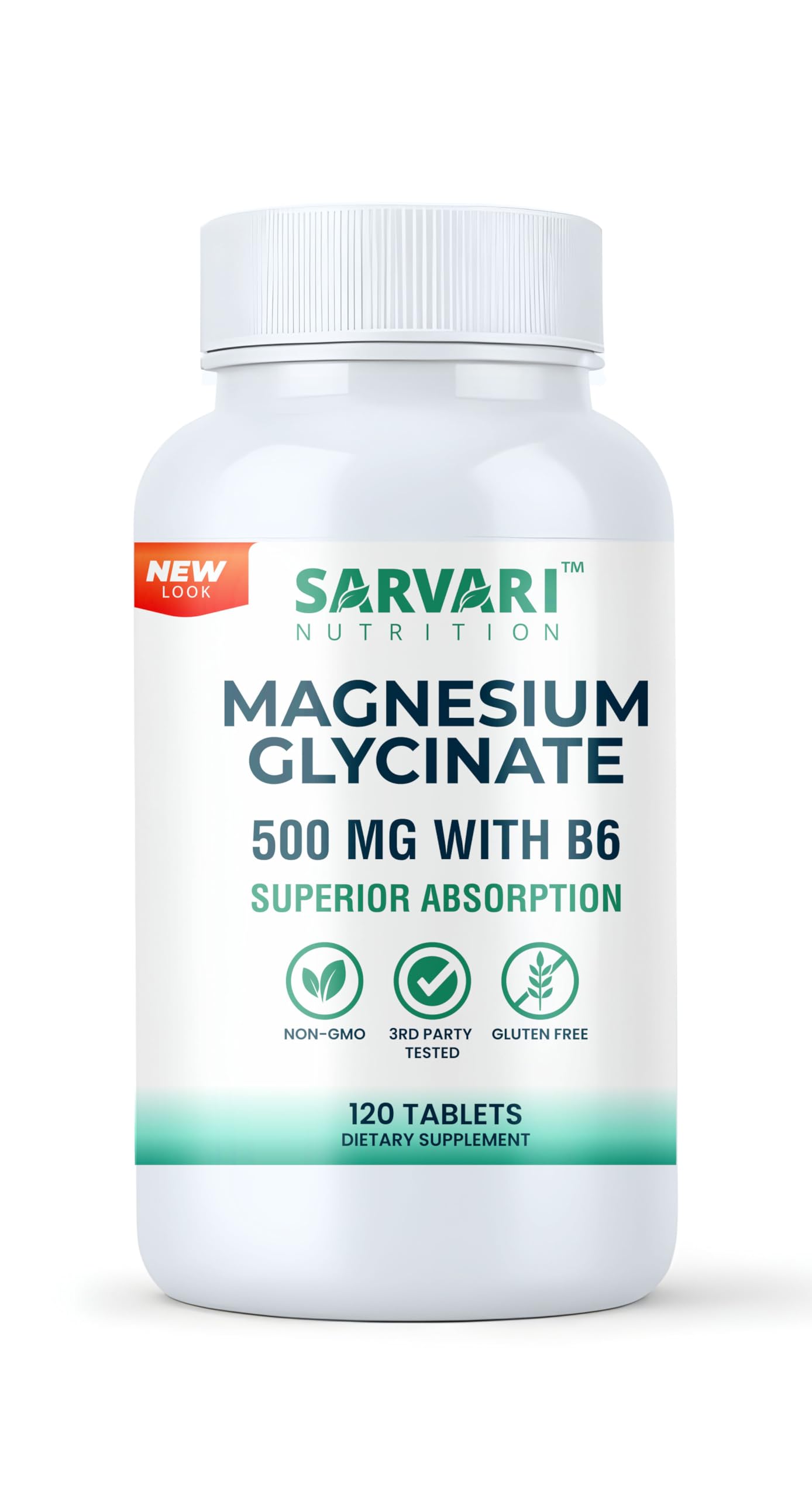 Magnesium Glycinate Supplement 500mg |120 Vegetarian Tablets, Added Vitamin B6 for Enhanced Absorption | 3rd Party Tested, Non-GMO & Gluten Free.