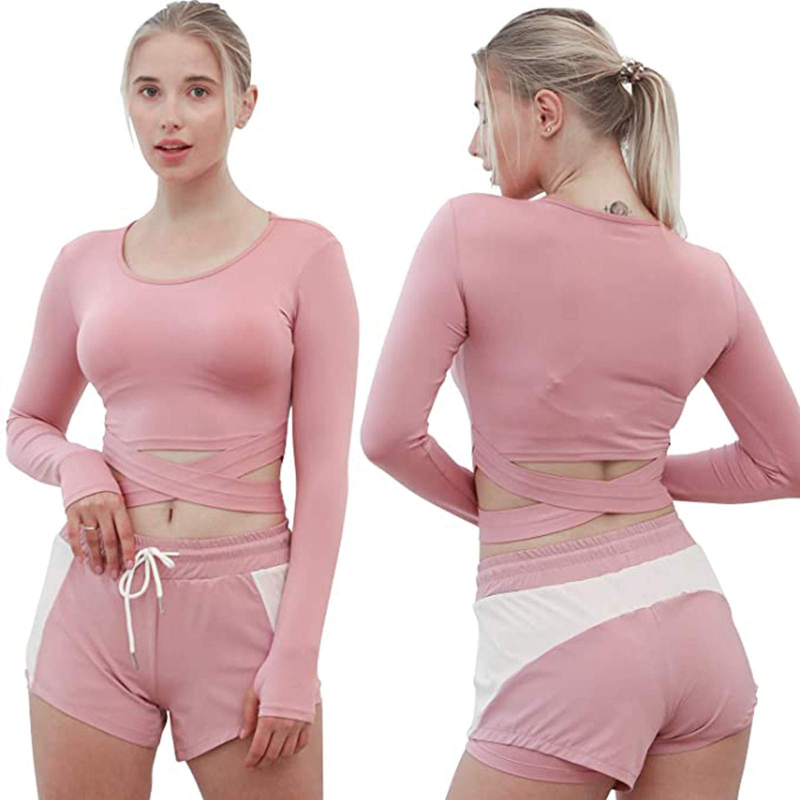 Jogginganzug Damen Set- 5 Teiligs Sport Set Workout Outfits Für Frauen Trainingsanzug Gym Fitness Kleidung Outsits Laufbekleidung Sportkleidung Langarm Yoga Leggings Kapuzenjacke Crop-Tanktop Shorts