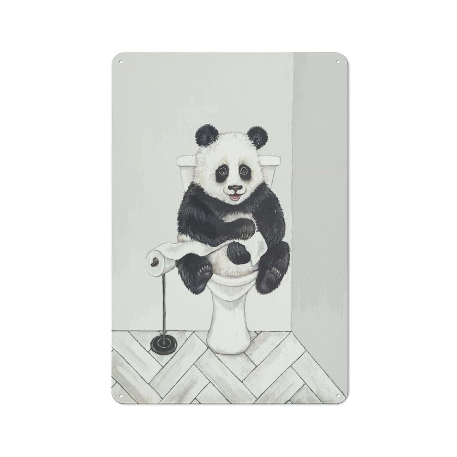 Junmoney Panda On Toilet Watercolor Art Vintage Metal Wall Sign 30X20cm For Café Or Restaurant, For Metal Sign Collectors, For Garage And Workshop Walls