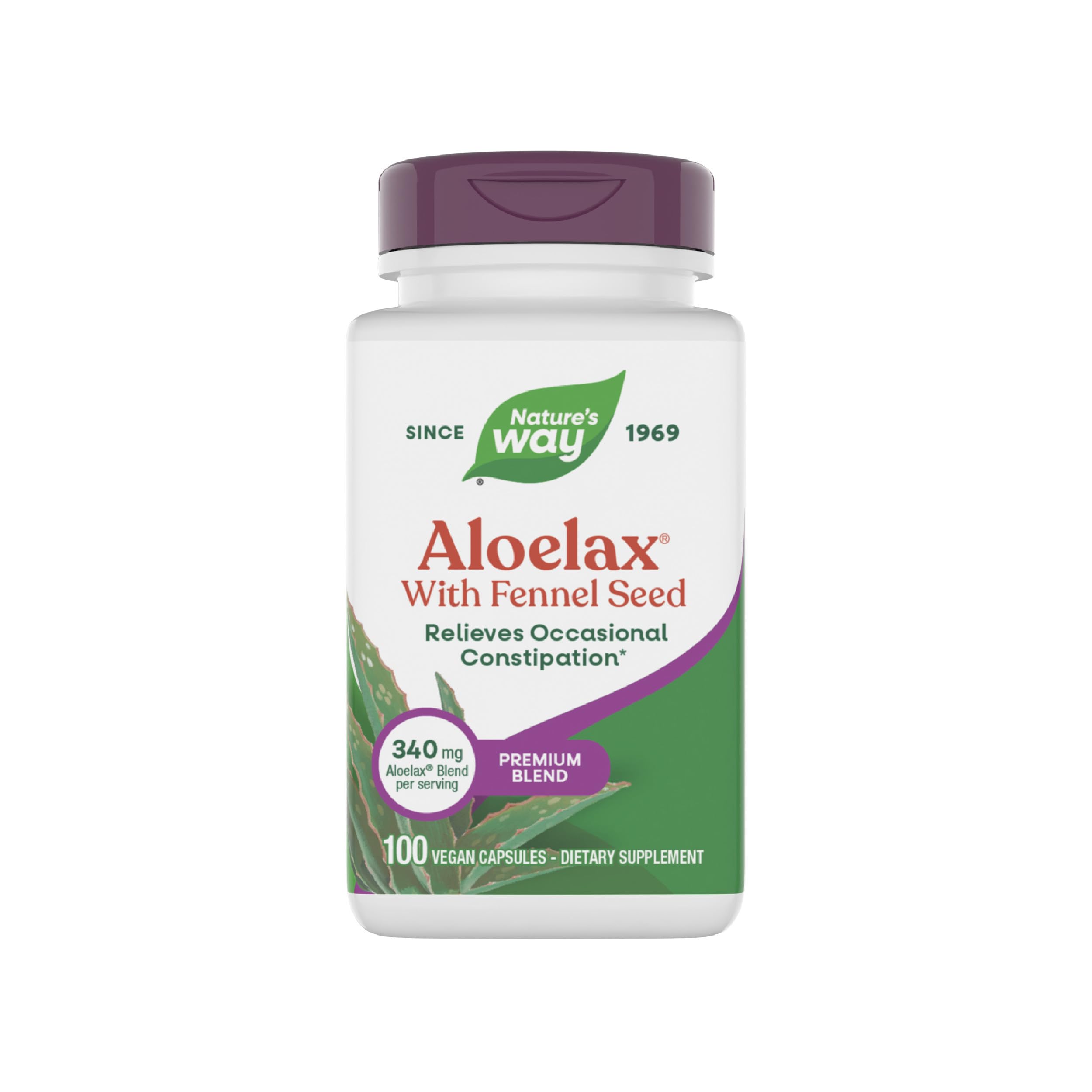 Nature's Way Aloelax, Premium Blend, with Fennel Seed, Relieves Occasional Constipation*, 340 mg, Gluten Free, Vegan, Occasional Constipation Relief*, 100 Capsules (Packaging May Vary)