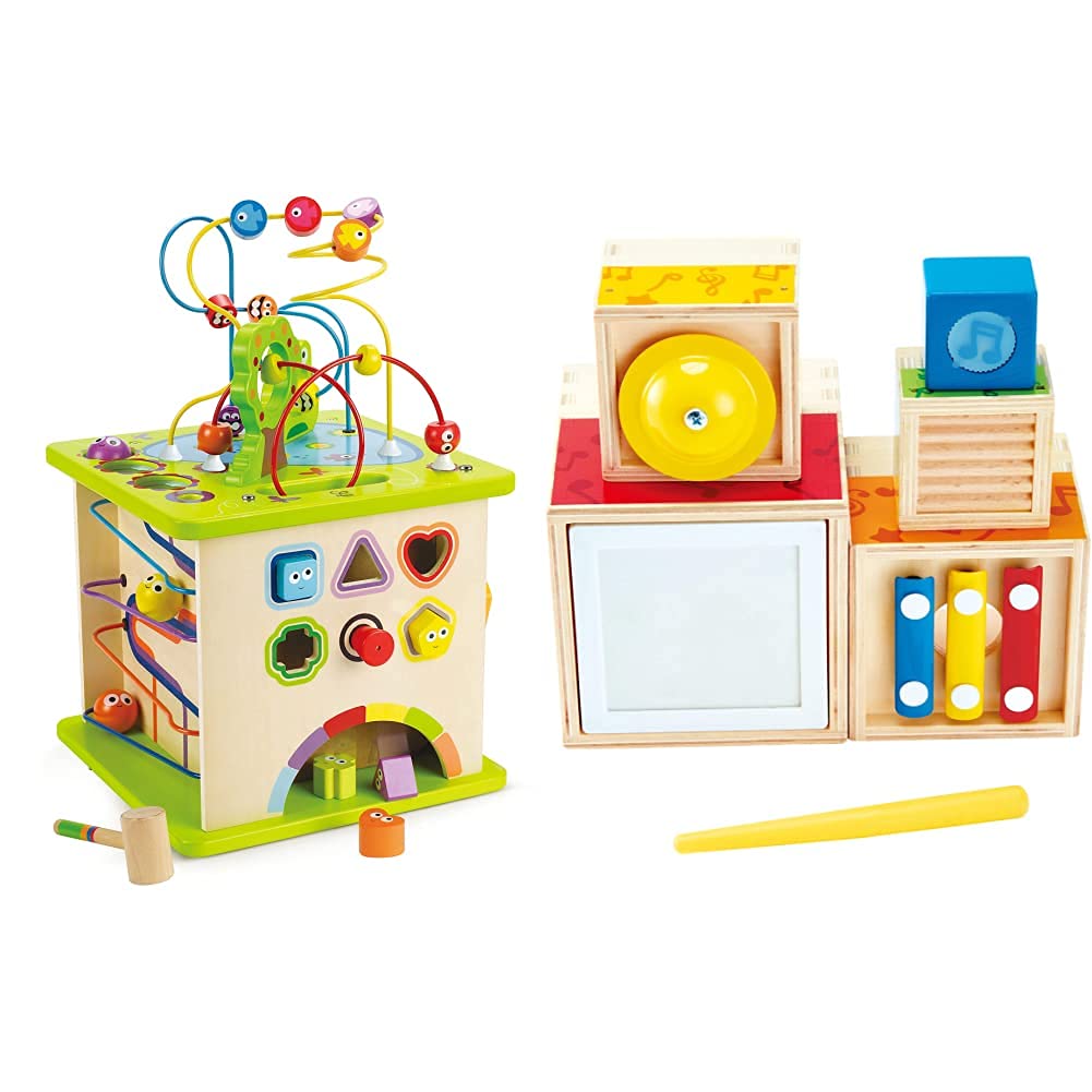 Hape Cubo con Animaletti Gioco, Multicolore, E1810 & Wooden Musical Instrument Stacking Set Impilare, Multicolore, E0336