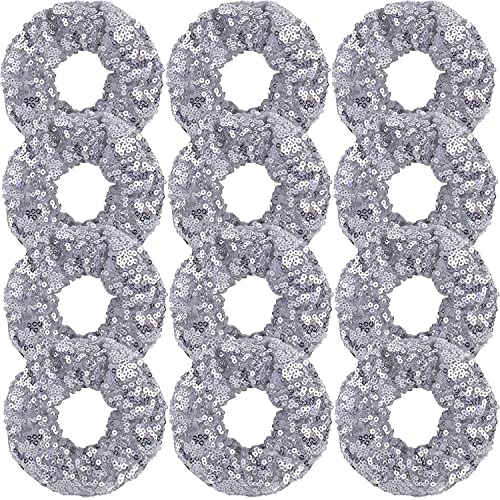 12 Pcs Silver Sequin Hair Scrunchies Hair Bobbles Metallic Elastics Ponytail Holders Hair Wrist Ties Bands Cloth Scrunchies For Show Gym Dance Party Club Girl Women #TOP4