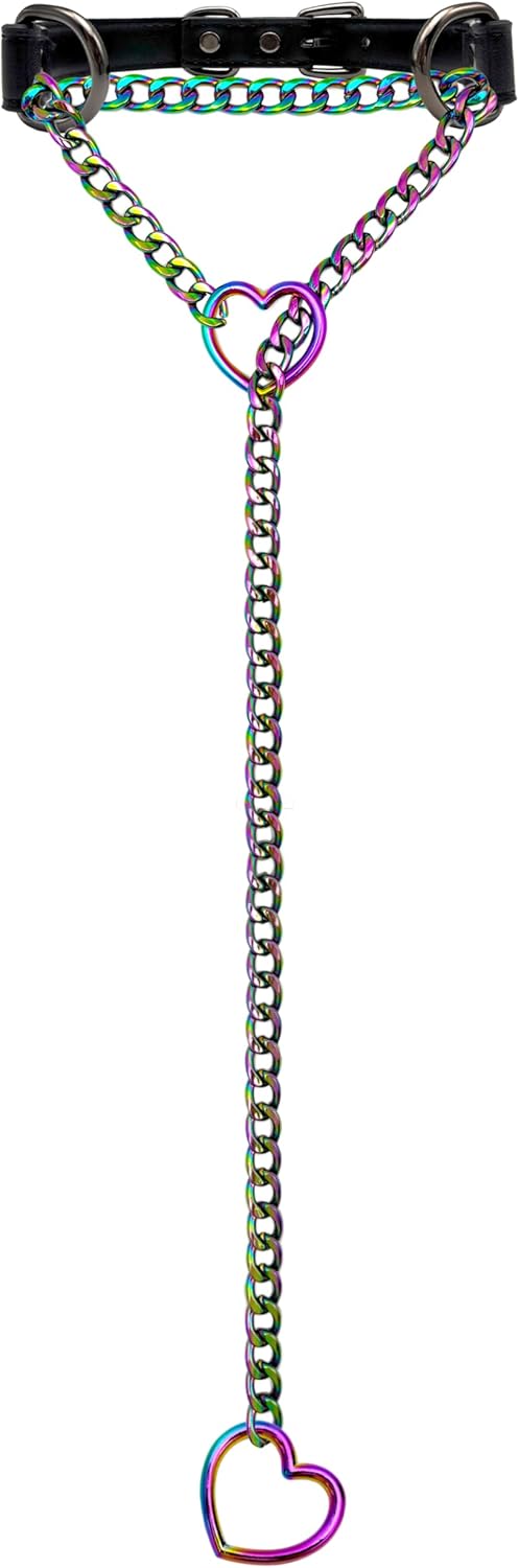 Black Leather Choker Collar For Women, Handmade Heart Slip Chain Choker Long Necklace with Adjustable Buckle