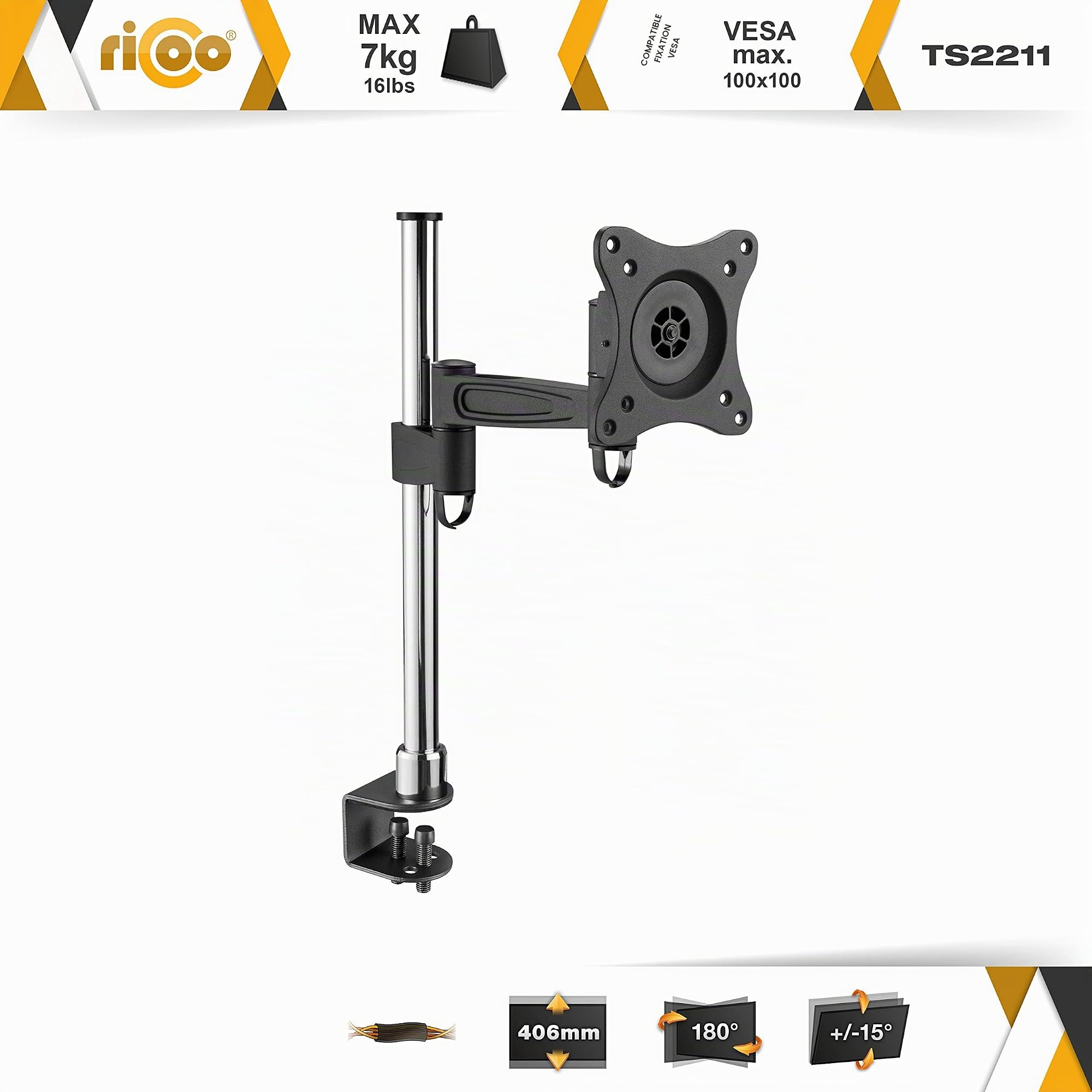 RICOO TS2211 Support Écran PC TV 13 17 19 22 24 27 28 32 Pouces Orientable Inclinable Rotatif Universel Bras Articulé Fixation Bureau Pince de Table VESA 75x75 100x100