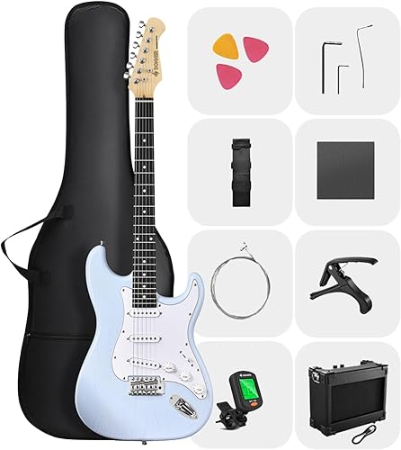 Miniatura 15 de DONNER DST-80 - Juego de guitarra eléctrica para principiantes de 39 pulgadas con amplificador, pastilla clásica SSS completa con estuche, afinador