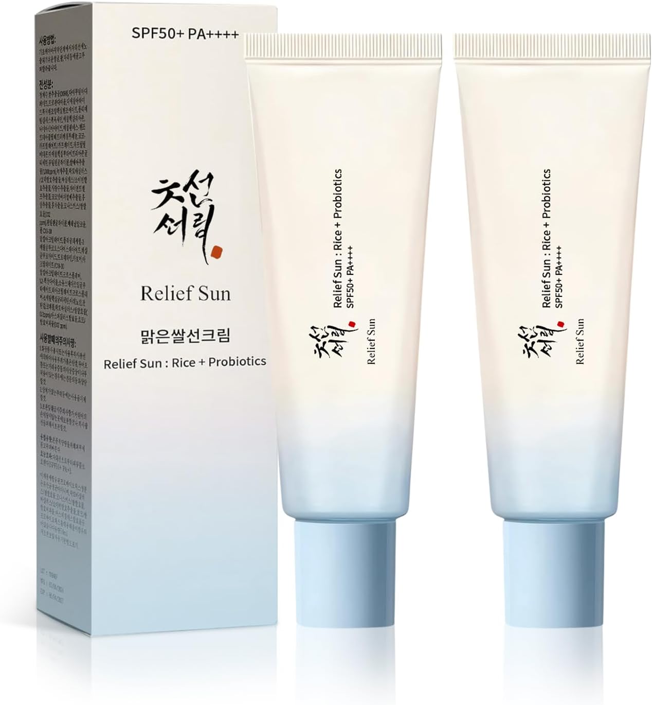2PC Relief Sun Organic Sunscreen SPF50, Korean Skin Care Solution for All Skin Types, ++++PA++++ Rice and Probiotics (A, Sun Protection Factor (SPF), 50)