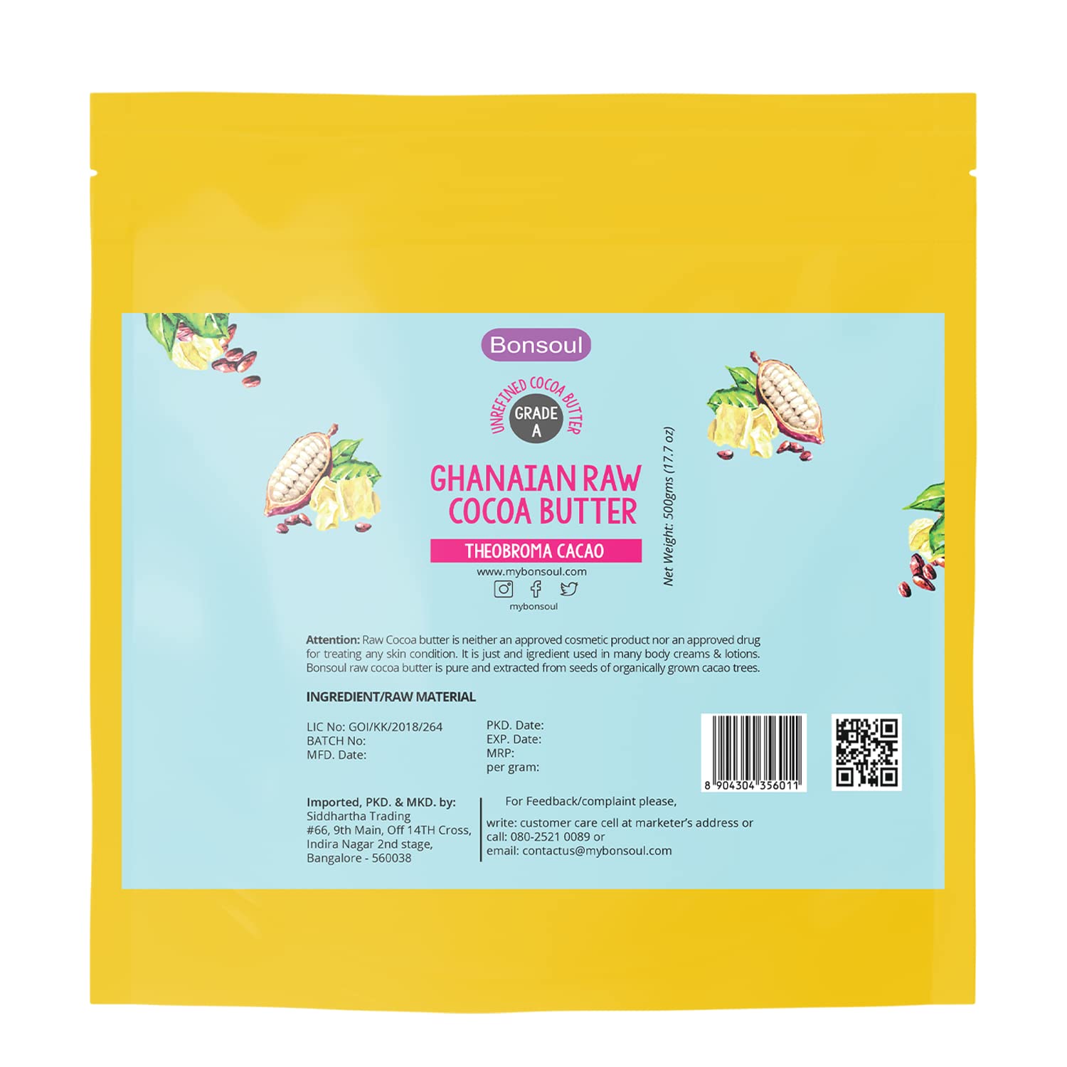 BONSOULGrade A Ghanaian Organic Cocoa Butter | Raw, Unrefined | African| Dry Skin, Hands, Body Moisturizer (500GMS REFILL PACK)