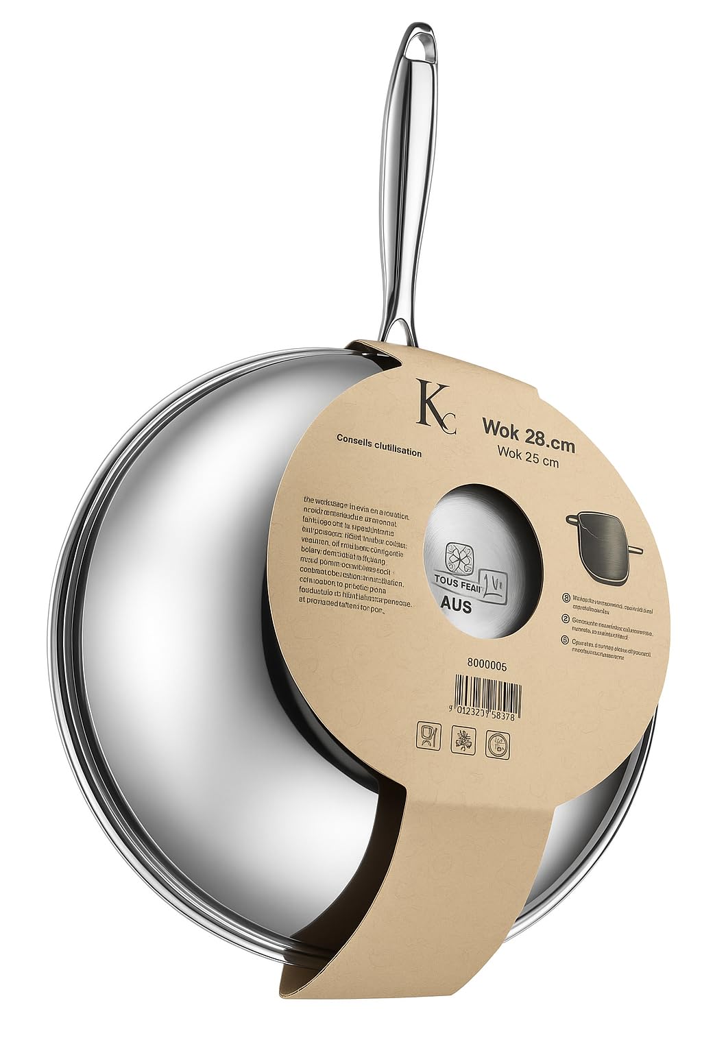 KLAUS Wok 28 cm en Inox inoxydable haute qualité Tous Feux Dont Induction | Cuisson Saine et Homogène | Facile à Nettoyer