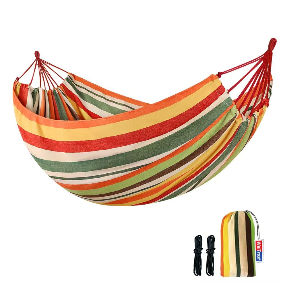 Photo 1 of WeiTrust Cotton Canvas Hammock, Comfortable Fabric Camping Hammock with Tree Straps, Up to 440lbs with Travel Bag for Camping Outdoor/Indoor Patio Backyard(Orange, Without bar)
