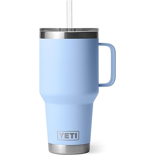 YETI Rambler 35 oz Tumbler with Handle and Straw Lid, Travel Mug Water Tumbler, Vacuum Insulated Cup with Handle, Stainless Steel, Big Sky Blue