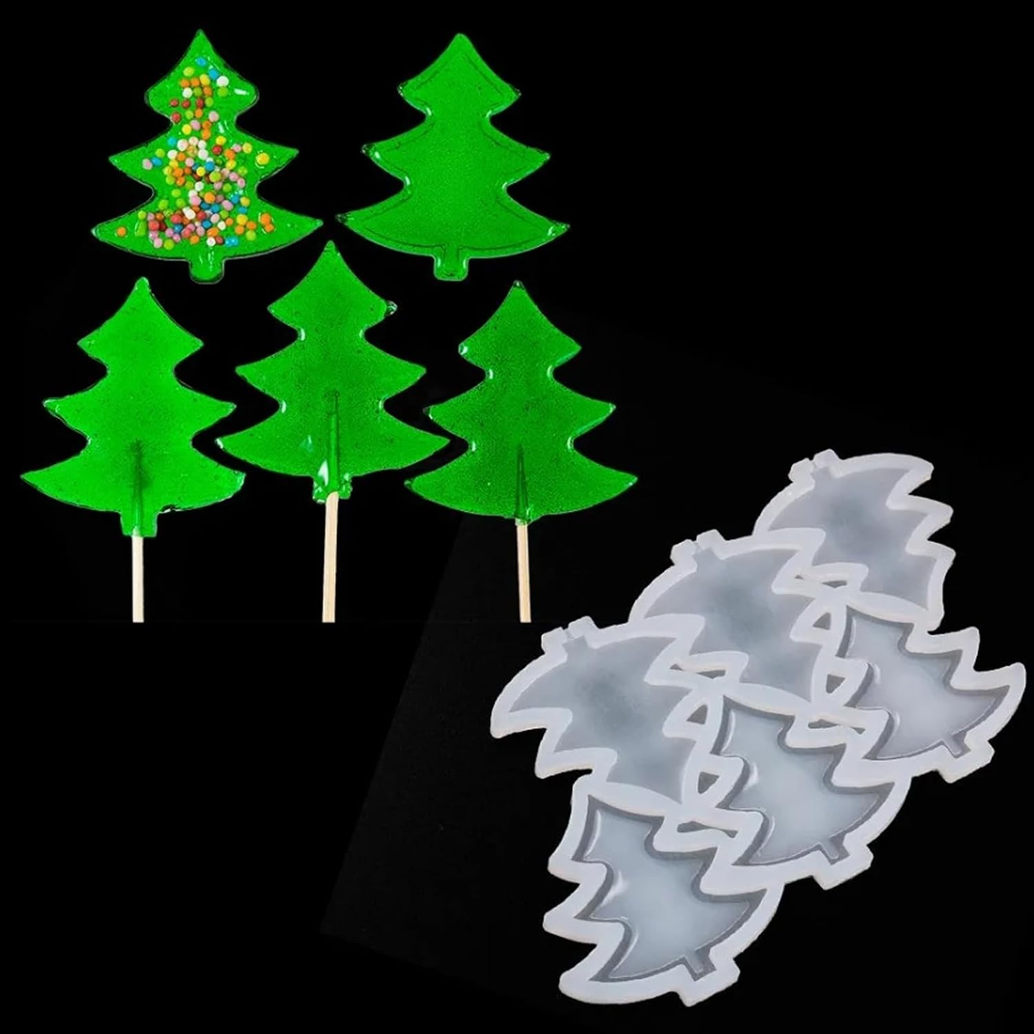 4 Pcs Christmas Tree Snowflake Lollipop Silicone Mold Christmas Candy Molds with 20 Pcs Sticks, Chocolate Fondant Mould for Xmas Party DIY Candy Baking Decoration image 4