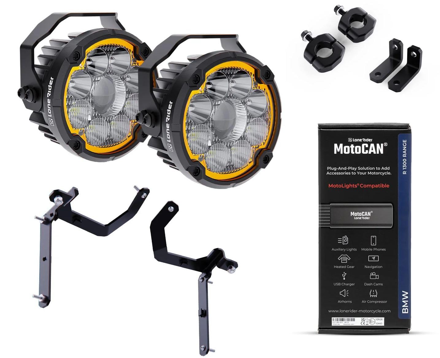 Lone Rider Moto Lights para BMW R1300GS Adventure - Luces LED resistentes al polvo y al agua con DRL, salida de 23200 lúmenes y patrón 6-en-1, Incluye MotoCAN y Under Nose Mount
