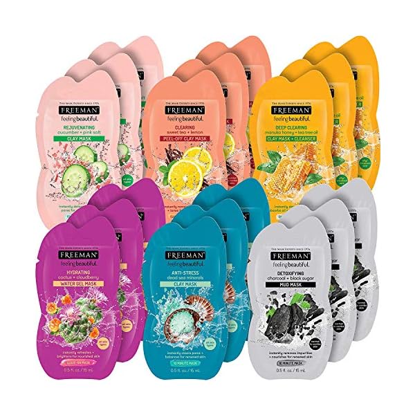 FREEMAN Facial Mask Variety Pack: Clay, Gel, Mud, & Peel-Off Skincare Masks, Hydrating, Detoxifying, Clearing, & Rejuvenating, For Healthy Skin, Trial Size & Travel-Friendly Sachets, 18 Count