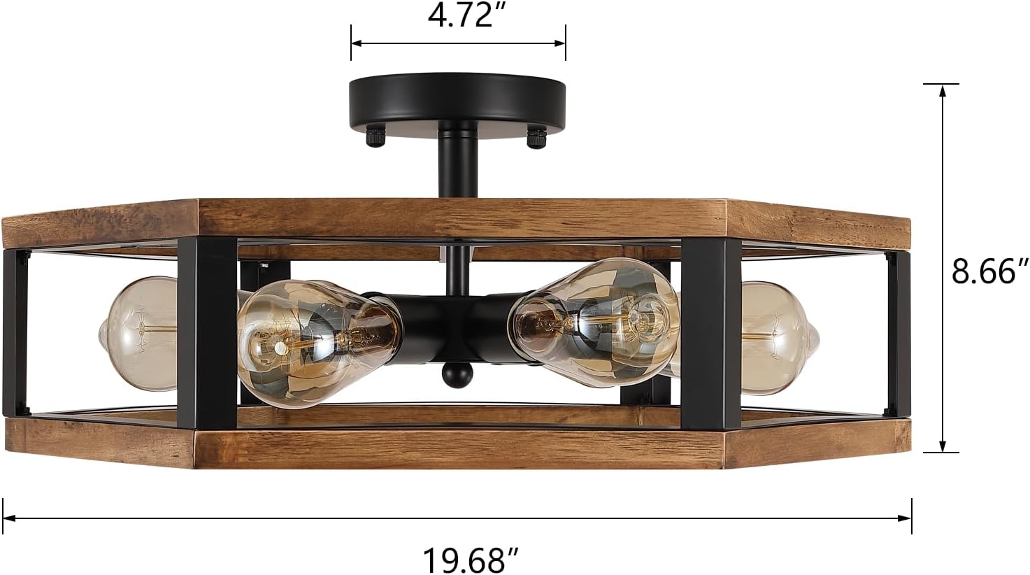 6-Light Large Rustic Farmhouse Wood Flush Mount Ceiling Light Fixture 20 inch Oak Wood and Metal Cage Semi Flush Mount Ceiling Light for Entry Hallway Dining Bedroom Living Room Farmhouse, Black