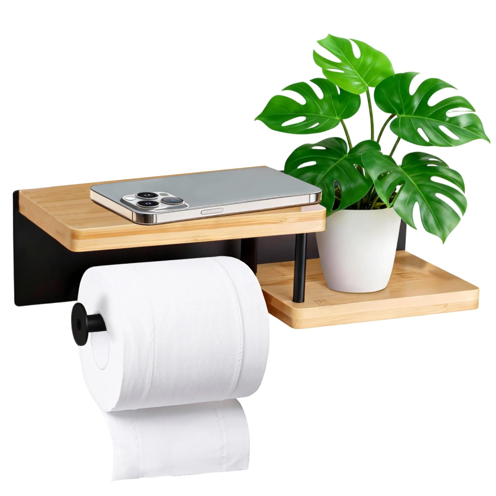 Mhymx Black Toilet Paper Holder Wooden Toilet Roll Holder With Shelf Wall Mounted Bathroom Tissue Holders Tissue Rack For Kitchen And Bathroom